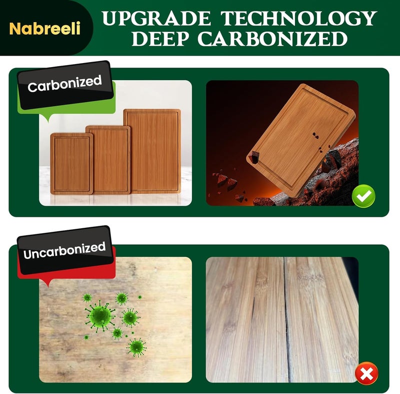 nabreeli Bamboo Cutting Board Set of 3, Carbonized Wood Chopping Boards with Juice Groove & Non-Slip Feet. Dishwasher Safe, Large Wooden Boards for Meat, Cheese Charcuterie, with Holder Christmas Gift for Home - Image 2